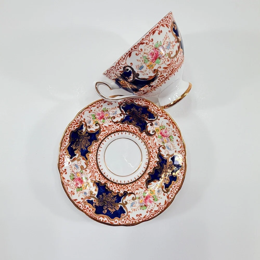 Salisbury Trio Footed Teacup Cup Saucer, Bone China Cobalt Blue Imari Floral Vtg
